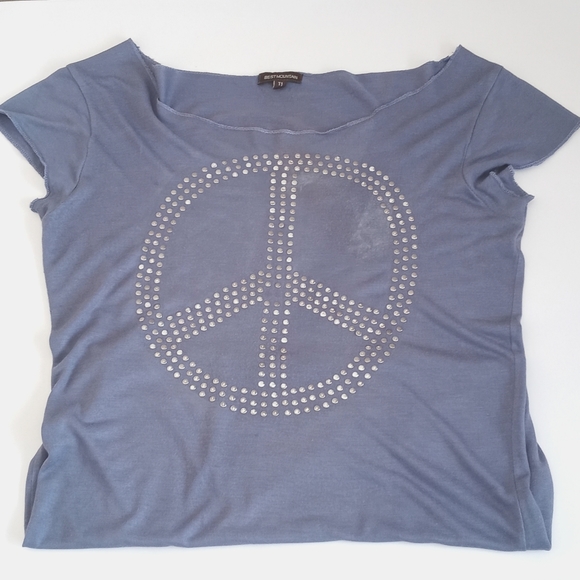 Dusty Blue Distressed T-shirt with Stud Peace Sign - Picture 1 of 7